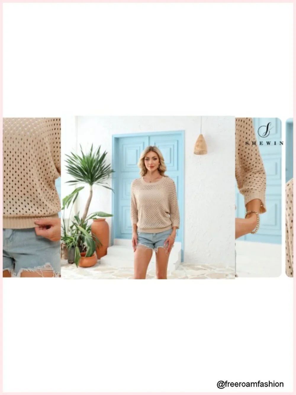 Crochet Crew Neck 3/4 Sleeve Pullover Sweater